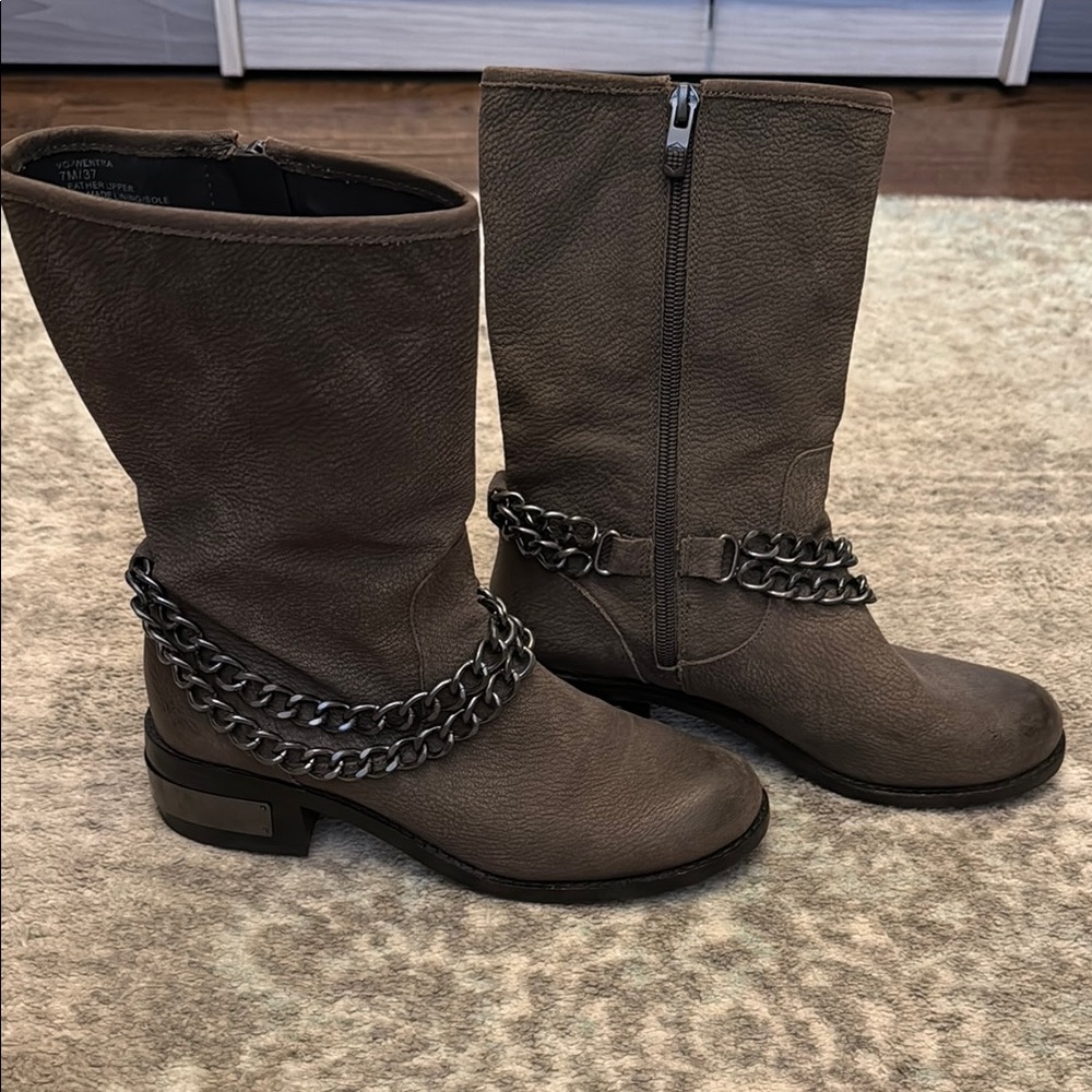 Vince Camuto Brown Combat Moto Boots with Chain Detail